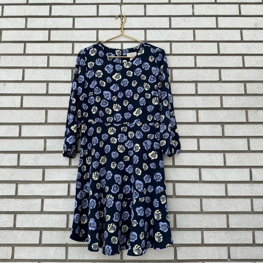 LOFT Navy Blue Floral Flounce Hem Dress Periwinkle Cream Long Sleeve M Easter